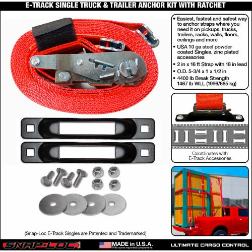 Snap-Loc E-Track Single Truck Trailer Tie-Down Anchor Kit W/2" x 16' Ratchet Strap, 4400 Lb. Cap. - Image 2