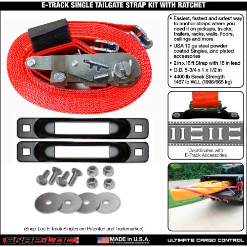 Snap-Loc E-Track Single Tailgate Strap Tie-Down Anchor Kit W/2" x 16' Ratchet, 4400 Lb. Cap. - Image 2